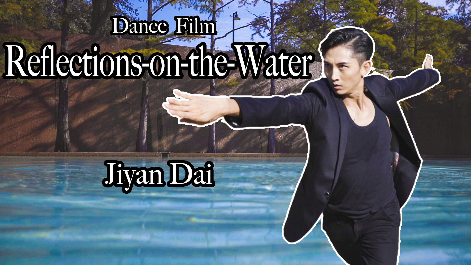 Opening slide of Jiyan Dai's Reflections on the Water, featuring Dai superimposed in front of the Fort Worth Water Gardens.